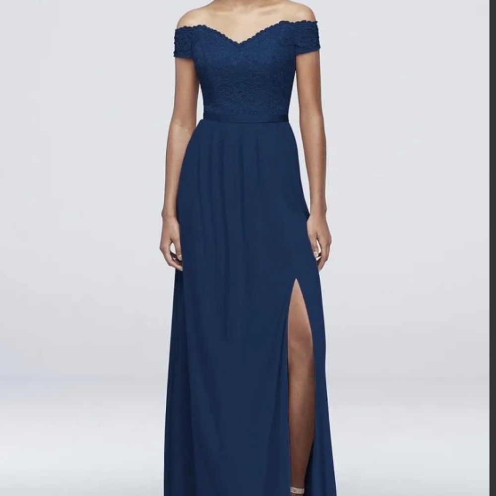 BRAND NEW David’s Bridal Blue Off the Shoulder Lace Mesh Bridesmaid Dress Size10